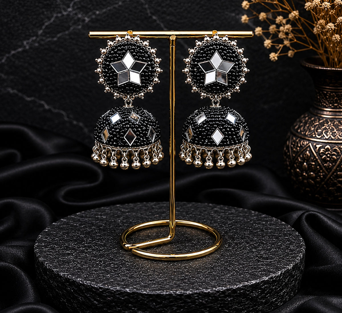 Black Jhumka Earring With Mirror Work