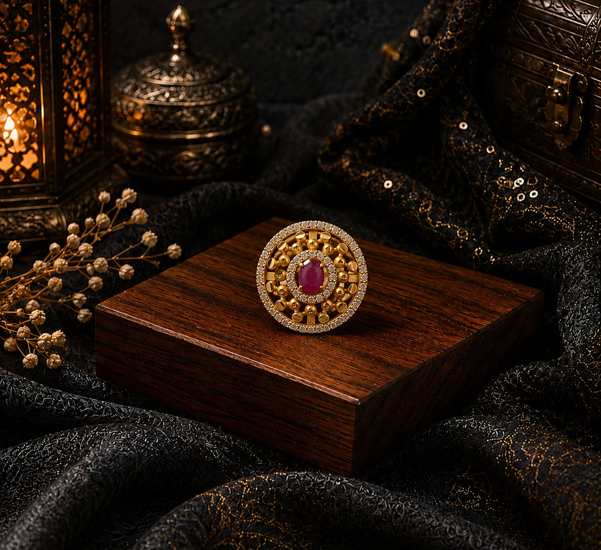 Circular Design Ring with Round Cut Red Stone