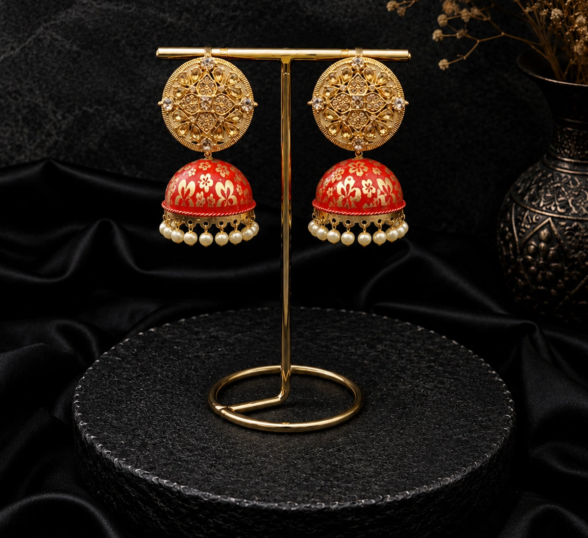 Jhumka With Enamel Floral Pattern
