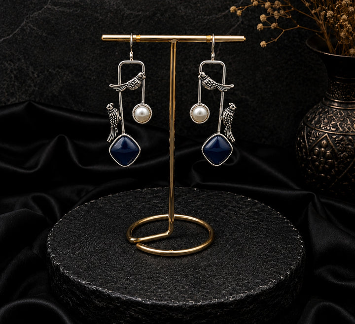 Oxidized Parrot Earring with Blue Stone