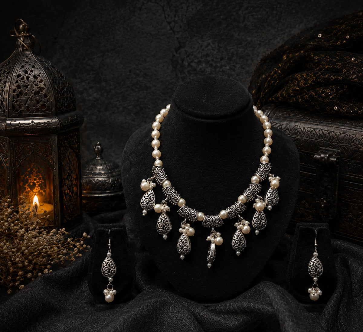 Oxidized Silver & Pearl Necklace