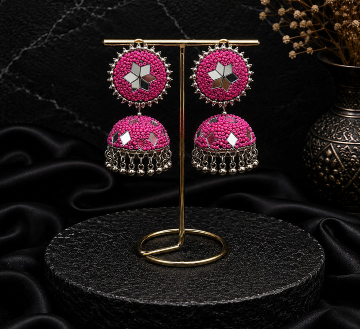 Pink Jhumka Earring with Mirror work