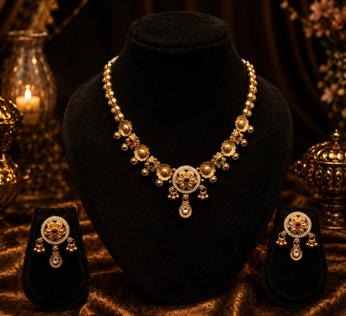 Radiant Floral Short Gold Necklace Set