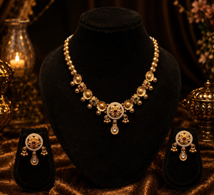 Radiant Floral Short Gold Necklace Set