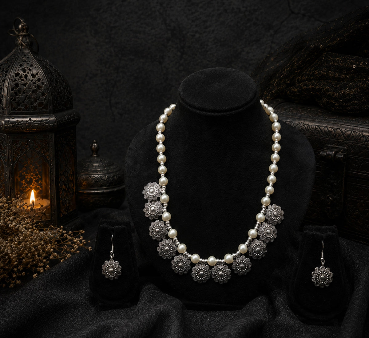 Silver Beaded Metal Necklace Set