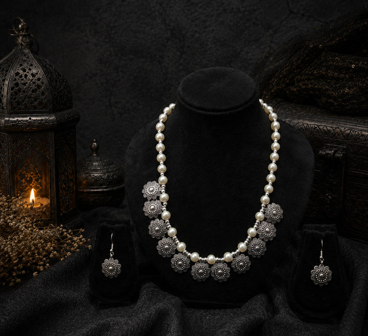 Silver Beaded Metal Necklace Set