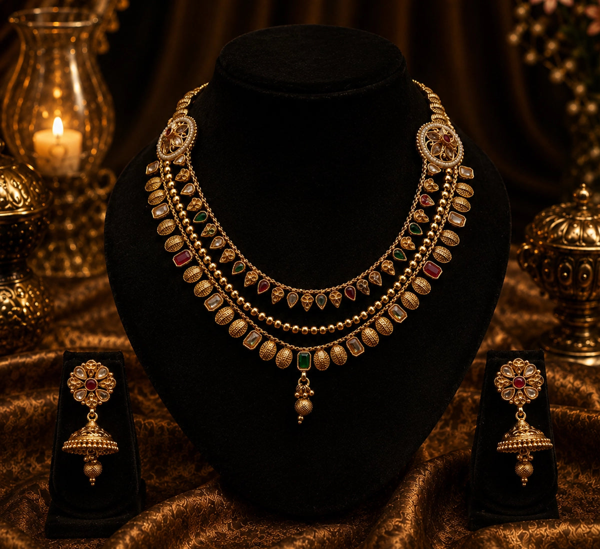 Temple Matte Gold Plated Necklace Set