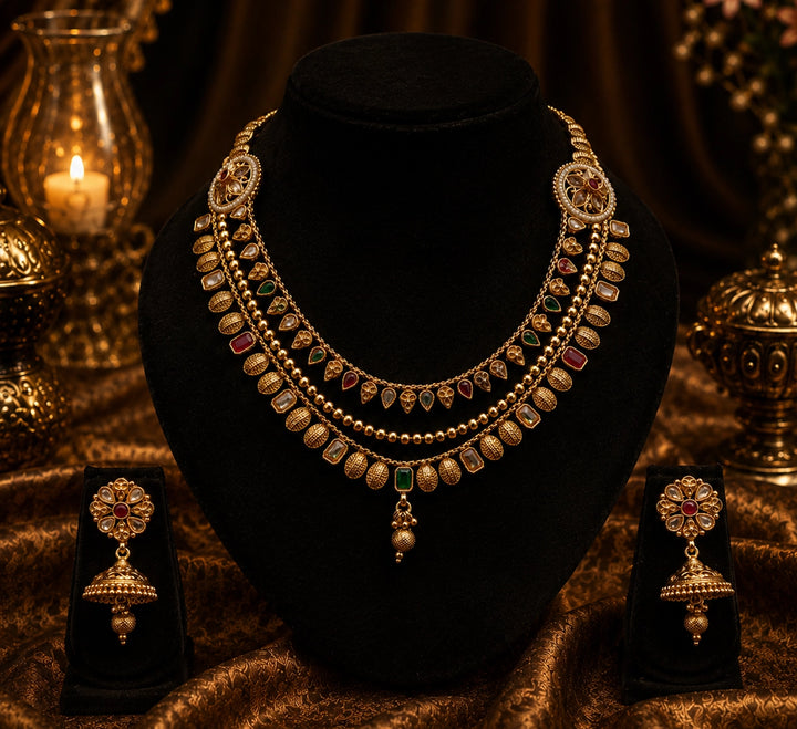 Temple Matte Gold Plated Necklace Set