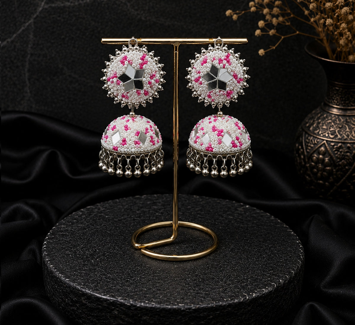 White Jhumka Earring with Mirror Work