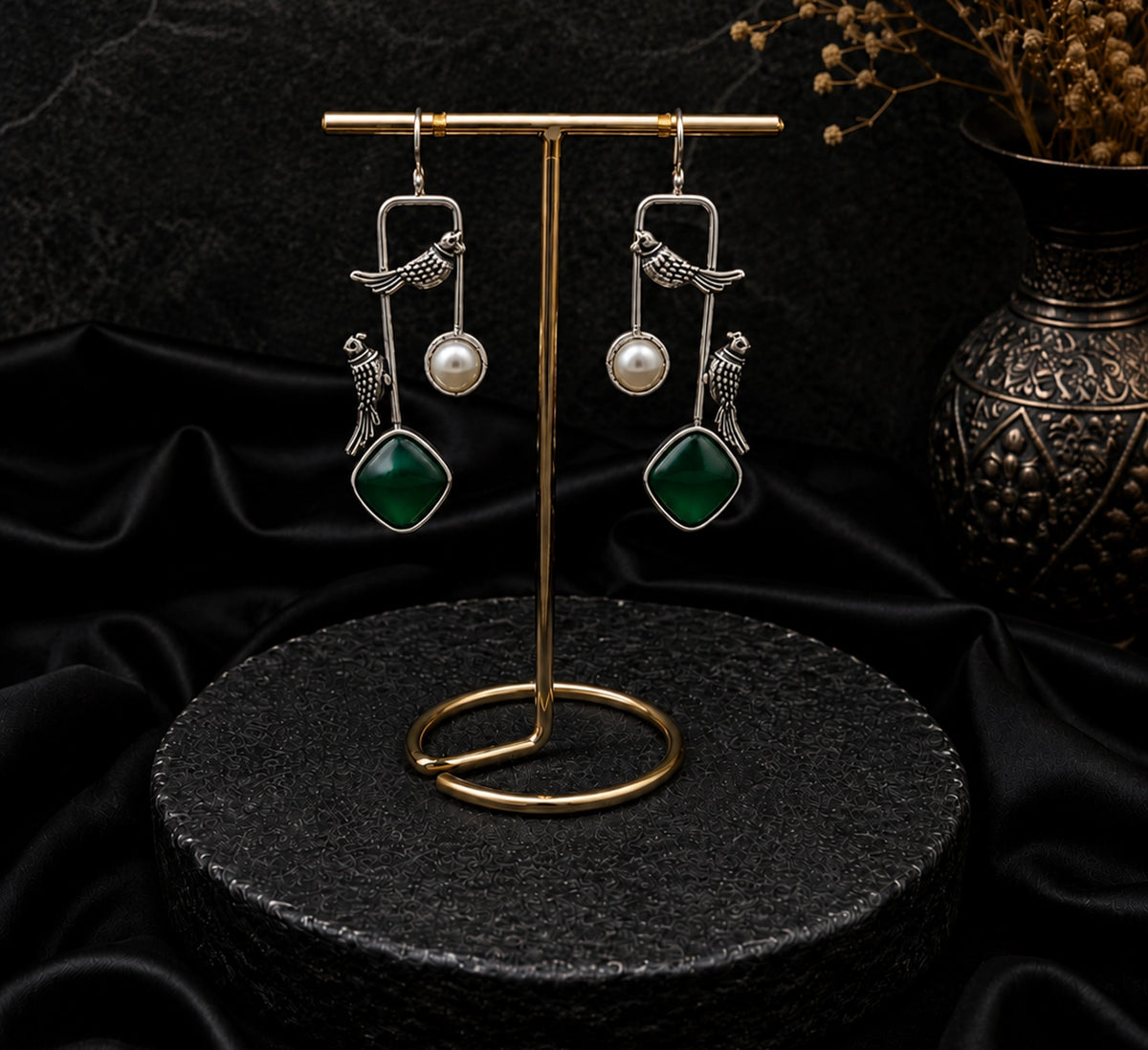Oxidized Parrot Earring with Green Stone